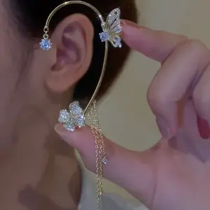 Trendy Non Pierced Earing Hooks Long Tassel Chain Clip Earrings Women Simple Cartilage Butterfly Ear Cuff Earrings Jewelry Gift