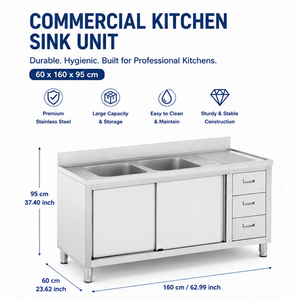 Évier commercial double en acier inoxydable avec égouttoir et 3 tiroirs, station de lavage de cuisine pour restaurant - Product Image 1