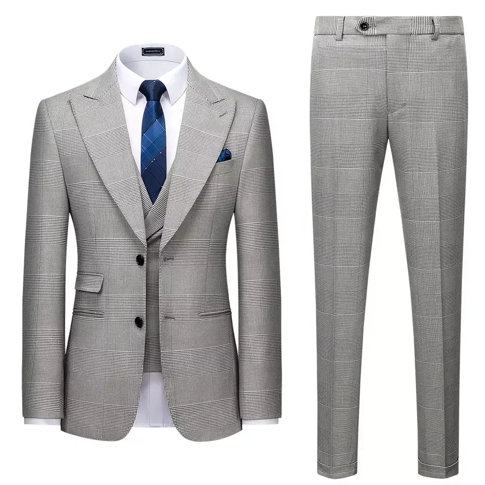 ST062 Wholesale Custom Men Plaid Single Breasted Business 3 Piece Light Grey Formal Wedding Suits