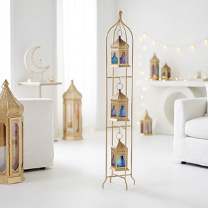 2027 Ramadan Decorations Handmade Gold Metal Stand with 3 <b>Mini</b> Hanging Moroccan <b>Lanterns</b> - Product Image 1