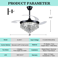 Ventilateur de plafond rétractable avec lustre en cristal de 42 pouces, lumière LED à 3 couleurs réglables, moteur DC réversible pour usage domestique en intérieur