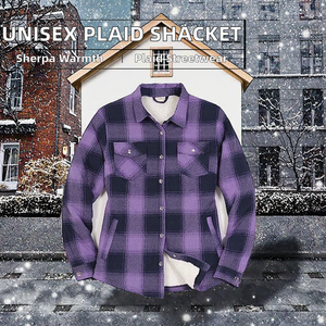 Unisex Plaid Streetwear Shacket <b>Jacket</b> Canvas Zipper Crocheted Sherpa Lined <b>Flannel</b> Shirt Fall Winter Outdoor Purple XXL - Product Image 2