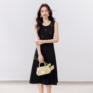 Sleeveless A-Line Little Black Dress Round Neck Slim Fit Breathable Daily Wear Solid Color Simple Design - Product Image 3