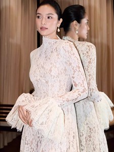 Wholesale Stand Collar <strong>Romantic</strong> Elegant Lace Flared Long Sleeve Formal Gown Evening <strong>Dress</strong> Long <strong>Dresses</strong> for Women - Product Image 5