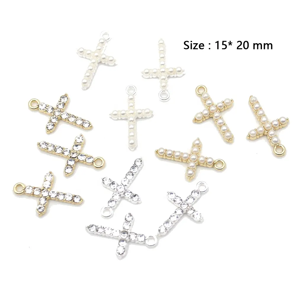 Cute Mini Religious Pearl Crystal Cross Charms Christianity Cross Charms Pendant For DIY Jewelry Making