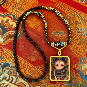 Pendentif Amulette Thangka de la Richesse du Dieu Jaune, Marque Benmingfo, avec Lanière en Bambou, Bodhisattva Manjusri Samouraï, Collier Noir - Product Image 6