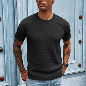 Camiseta Casual de Hombre, 100% Viscosa, Corte Ajustado, Manga Corta, Cuello Redondo, Tejido Jacquard, Diseño Liso, Suave - Product Image 6