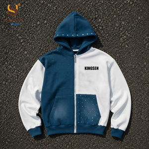 Custom Acid Wash Zip up Patchwork Rhinestone Hoodie Hooded Oversize Boxy Embroidery Graphic Print Men's Hoodies & Sweatshirts - Product Image 3