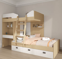 Lit mezzanine gain de place en bois avec rangement encastré, 3 tiroirs et armoire pour chambre familiale ou d'enfants