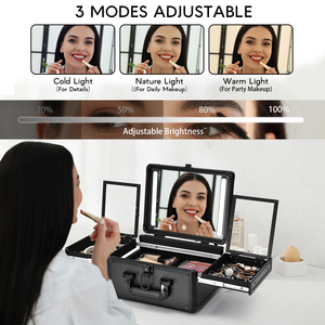 Travel <b>Makeup</b> Train <b>Case</b> with LED Lighted Mirror Large Portable Cosmetic Artist Organizer Box with 2 Trays Adjustable Dividers - Product Image 3