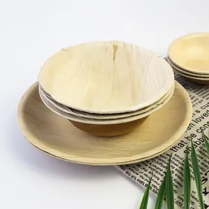 Biodegradable Take Away Food Container Disposable Palm Leaf Round Plates And Bowl Set