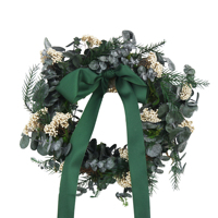 Karangan Bunga Natal Besar Buatan Tangan Beraroma Harum dengan Eucalyptus & Bunga Beras yang Diawetkan, Pita Hijau Realistis untuk Dekorasi Pintu Depan