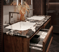 Ensemble de meubles de salle de bain en bois massif de style ferme chinoise, personnalisé, avec comptoir en pierre de luxe, lavabo en céramique sans joint, miroir de maquillage à LED