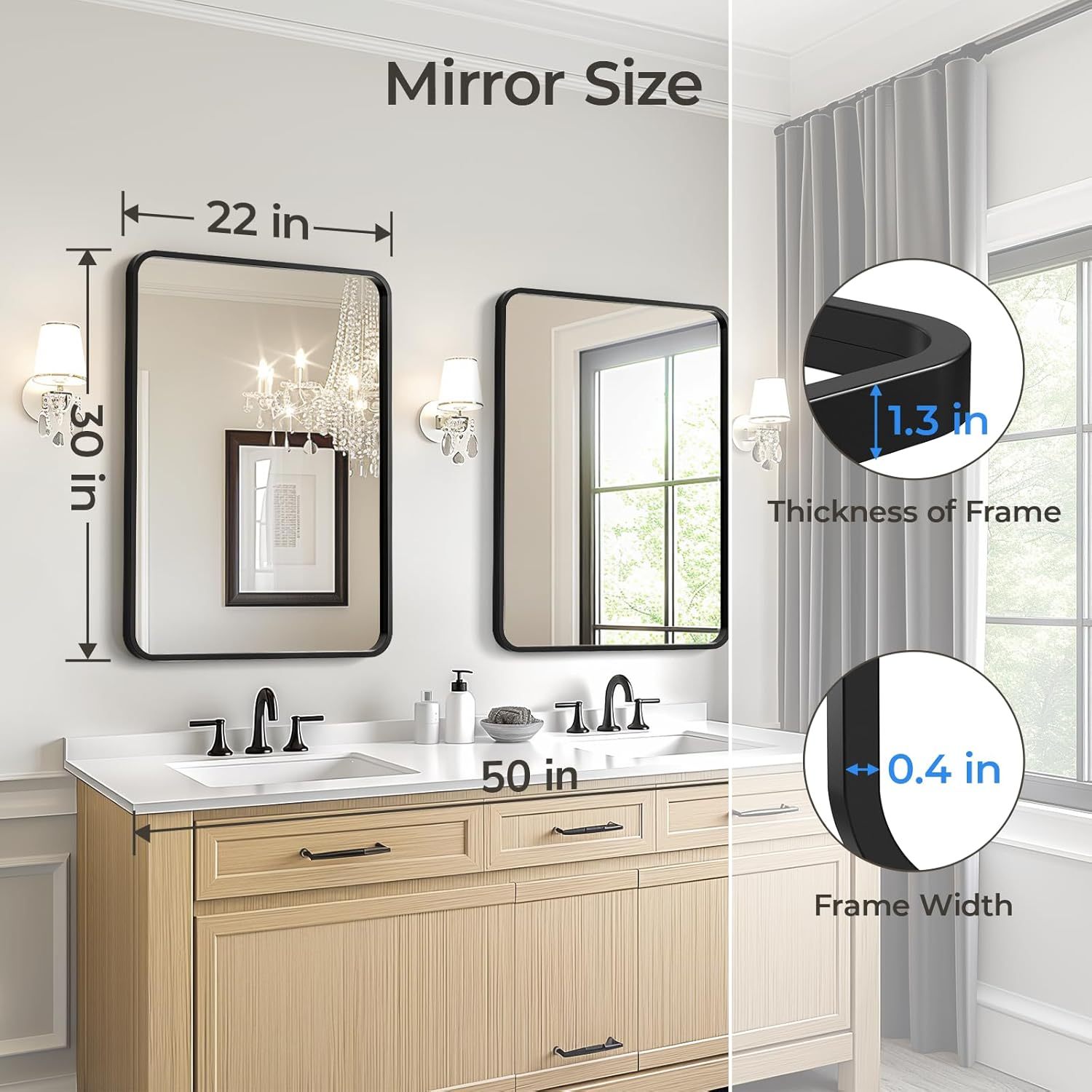 24x36 Inch Black Rounded Rectangle Wall Mirror - Tempered Glass, Modern Vanity Mirror For Bathroom