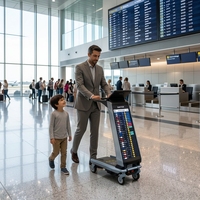 Chariot intelligent USMT AI avec double écran LCD, écran tactile pour texte/animation/graphiques, prise en charge SDK OEM, à poser au sol pour passagers en intérieur