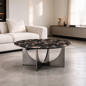 Black Marble <b>Coffee</b> <b>Table</b> Round Nesting Set <b>Curved</b> Base Travertine Side <b>Table</b> Modern Minimalist Living Room Hotel Lobby Villa - Product Image 2