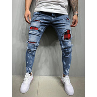 RNSHANGER-Jean skinny bleu peint pour homme, pantalon en denim, coupe ajustée, déchiré, plissé, déchiré
