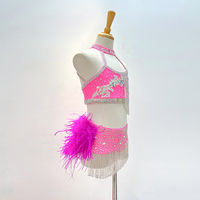 Traje de Baile de Jazz Color Fucsia para Niñas, Dos Piezas con Cuello Halter, Traje Latino Brillante con Flecos y Plumas, Spandex/Nailon