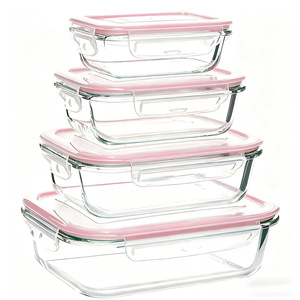 High Borosilicate Glass <b>Lunch</b> Box <b>Set</b> 4 Pieces Rectangle Stackable Microwave Safe Food Storage Container For Adults - Product Image 1