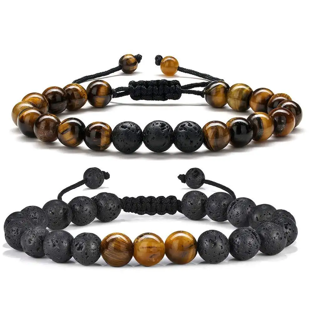 Alta Qualidade Tiger Eye Turquesa Frisada Lava Rock Pedra Mens Charme Pedra Natural Pulseiras Jóias Pulseira Ajustável Para Homens