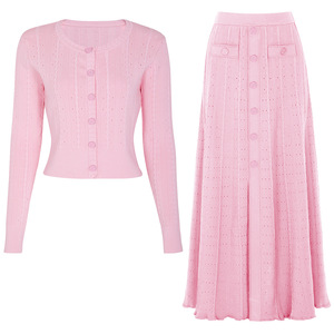 Completo Elegante da <span class=keywords><strong>Donna</strong></span> di Alta Qualità per Primavera e Autunno, Due Pezzi con Cardigan in Maglia Monopetto e Abito Lungo per Feste - Product Image 3