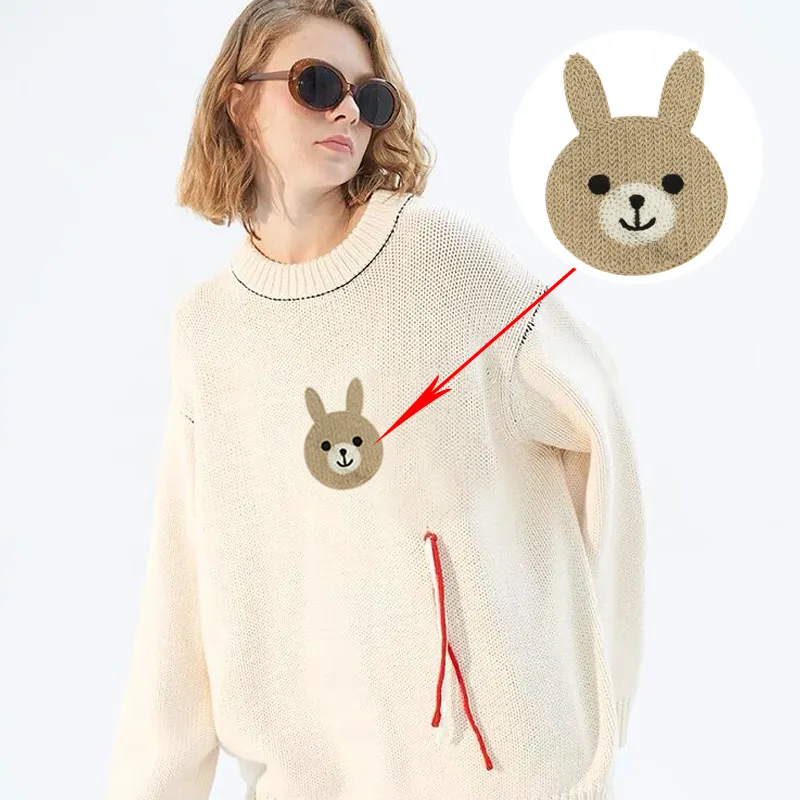 El kahverengi keten dokuma tavşan desen sevimli hayvan özel logo yama kazak kanvas çanta şönil yamalar