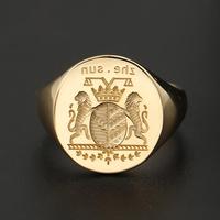 Bague pour homme européenne personnalisée en or 18 carats, emblème familial noble, double couronne de lion, timbre vintage pour cadeau de fiançailles, fête et anniversaire