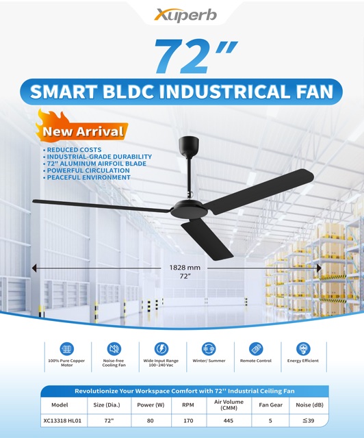 72" BLDC Motor Ceiling Fan 3 Aluminum Blades Energy-Saving Remote Control Electric Air Cooling Fan