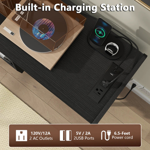 Sliding Door LED Lit <b>Record</b> Player <b>Stand</b> Vintage Wood Grain Vinyl Storage Cabinet 10W USB Charging Music Room Console - Product Image 3