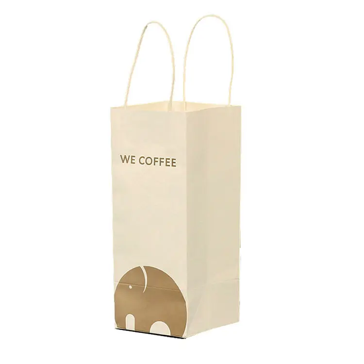 حقيبة من الورق المقوى مزودة بمقبض ورقي تستخدم في تناول القهوة البيضاء ويمكن تخصيصها حسب الطلب