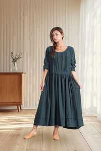 Vestido Maxi de Lino y Algodón Personalizado para Mujer, Mangas Largas, Diseño Plisado con Bolsillos y Botones, Primavera Verano, Tallas Grandes, Exportación B2B - Product Image 6