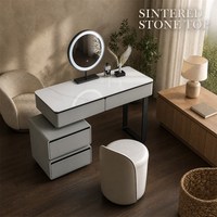 Ensemble de meubles de coiffeuse en MDF de qualité E1 avec plateau en pierre frittée, miroir LED trois couleurs et tiroirs à fermeture douce pour chambre à coucher