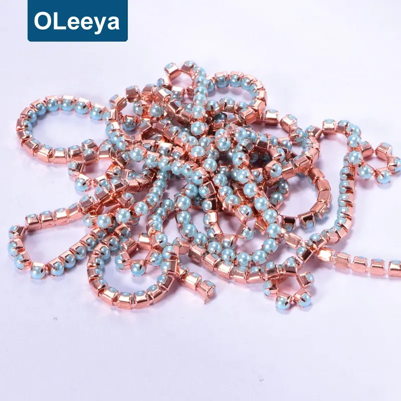 Wholesale SS8 Rhinestones Banding Rose Gold Base Pearl Trim Close Cup Chain Rhinestone Crystals for Sandals Decoration
