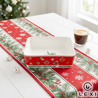 Piring Panggang Keramik Natal Motif Lonceng dan Daun Holly Merah, Panci Casserole Porselen untuk Dapur Rumah, Hadiah Liburan