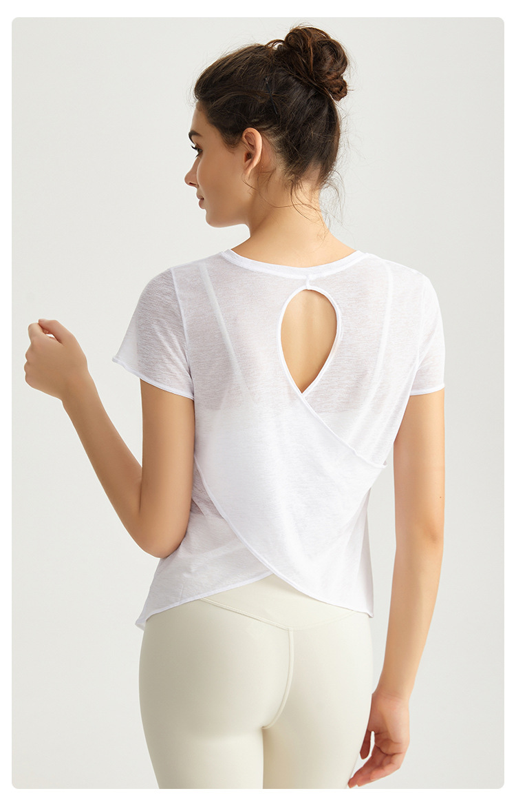 Weiman Women's New Neck Yoga Short-sleeved T-shirt Breathable Quick-drying 100% Polyester Cross Hollow Back Top Sports Fitness