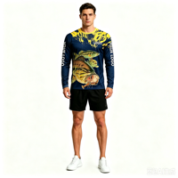 T-shirt à manches longues pour homme, col rond, impression intégrale, personnalisé OEM ODM, sublimation, motif écrevisse et bar, pour la pêche