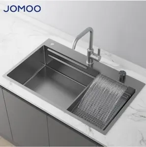 JOMOOSU304ステンレス鋼キッチンシンクアンダーマウントトップマウントシングルボウル抗菌キッチンシンクグレー滝蛇口シンク