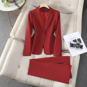 Women's Red Suit Set Polyester Satin Full Sleeve Anti-Wrinkle Office Lady Spring Professional Formal Work Uniform - Product Image 1