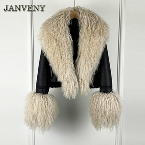 JANVENY 2024 <strong>Winter</strong> <strong>Warm</strong> Faux Leather Sheepskin Coat <strong>Women</strong> Large Real Wool Fur Collar Zipper Slim Biker Pu Leather Short <strong>Jacket</strong> - Product Image 2