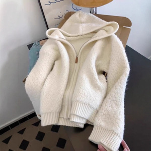 Women's Lambswool Hooded Zipper <b>Cardigan</b> Soft Cozy Knitted Top Autumn Winter Wear - Product Image 1