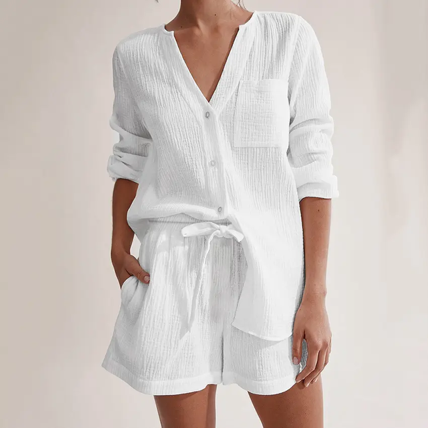 Woman Long Sleeve Cotton Pjs Set Double Layer Gauze Pajamas Plain Women's Sleepwear