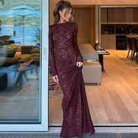 Robes longues sexy pour femmes, style club, été, dentelle ajourée, bordeaux, manches longues