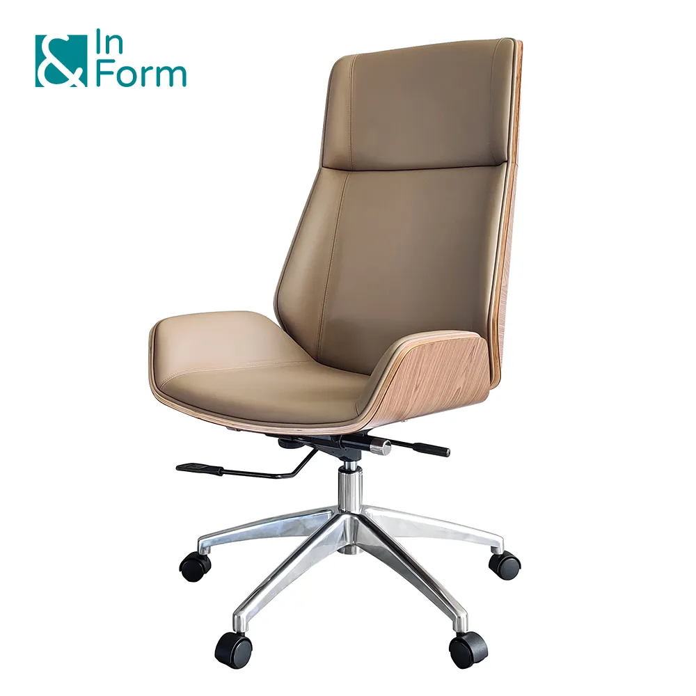 Luxury Bentwood compensato PU Leather girevole regolabile con schienale alto Home Workstation Executive Manager Boss Office Chair con rotelle