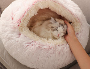 Оптовая продажа от производителя, мягкая Роскошная плюшевая розовая подушка для домашних животных, круглая кровать для кошек и собак - Product Image 5