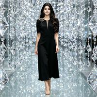 Elegantes Abendkleid mit Hot-Fix-Strass, Rundhalsausschnitt, Halbarm, Satin, Midi-Kleid für Hochzeitsgäste, Dezentes Abendkleid für Damen