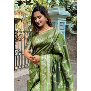 Sari tejido Banarasi Jaal verde Mehandi de Elite Weaves con seda suave y zari para vestir de noche - Product Image 6