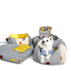 Ganzjähriges Universelles Hundebett Abnehmbar Waschbar Teddy Rechteckig Atmungsaktives Nest Matte Stoff Gestreifter Stil Haustier-Sofa-Bett - Product Image 1