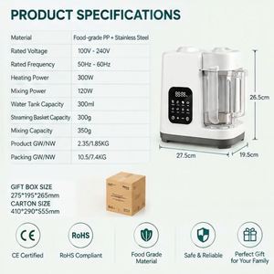 Robot culinaire pour bébé en verre de haute qualité, silencieux, avec chauffe-biberon et cuiseur vapeur pour purées, pour la maison, la voiture et le camping-car - Mixeur multifonctionnel pour nourrissons - Product Image 1