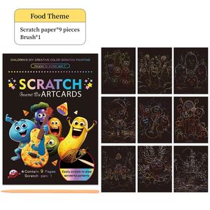9 sayfalık sanat yaratıcı DIY Graffiti malzemeleri Set gıda tema büyülü renkli Scratch çizim kitabı gökkuşağı Scratch kuşe kağıt - Product Image 3