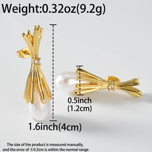 Pendientes de Perlas en Forma de Lágrima con Lazo Dorado, Hipoalergénicos, Minimalistas, para Uso Diario, Pendientes de Moda para Mujer - Product Image 6